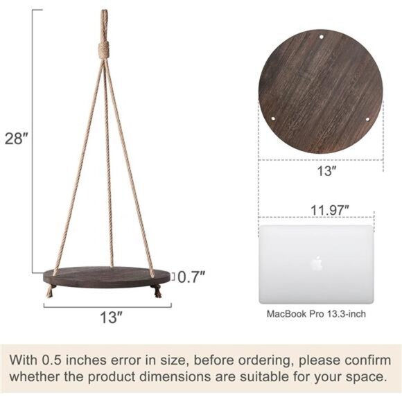 Hanging Plant Shelf Round Wood Rope Hanging Floating Shelf Vintage Home Decor - Picture 3 of 7